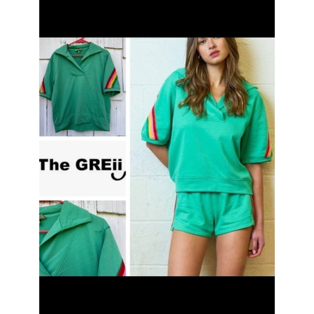 The GREII Sea Green Rainbow Striped Short Sleeve Sweatshirt Size M Retro - Picture 4 of 5